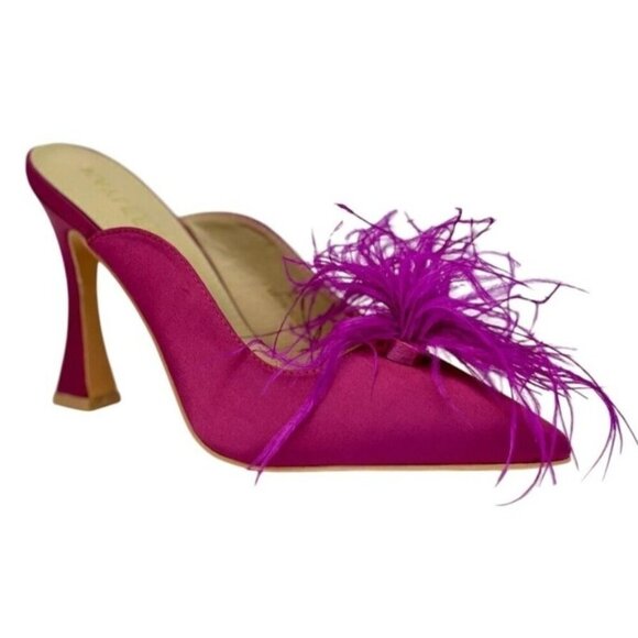 KAYLEEN / Cailin-20 / Pink Satin / Mule Heels / With Feather Embellishment - Picture 1 of 8